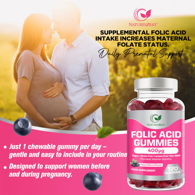 Folic Acid Gummies 400μg – 120 Chewable Gummies- High Strength Prenatal Vitamins for Women, Conception & Pregnancy Support |Vegan, Non-GMO | Fertility Supplements for Women | Natural Berry Flavour
