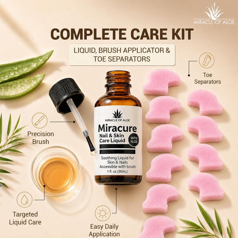 Miracle of Aloe’s UltraAloe Nail Care Liquid, 1 Oz, Brush Applicator | Aloe Based Foot Care For Fingernails, Toenails, Cuticles & Surrounding Skin, Toe Separators, Tea Tree Oil, Odor Control