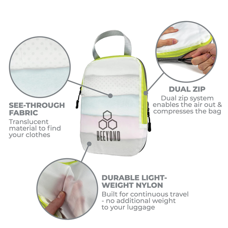 Beeyond Compression Packing Cubes Set - 6 Pieces for Travel and Luggage Organization, Includes Large & Small Cubes, Accessories Bag, and Laundry Bag White & green (6 Pieces)