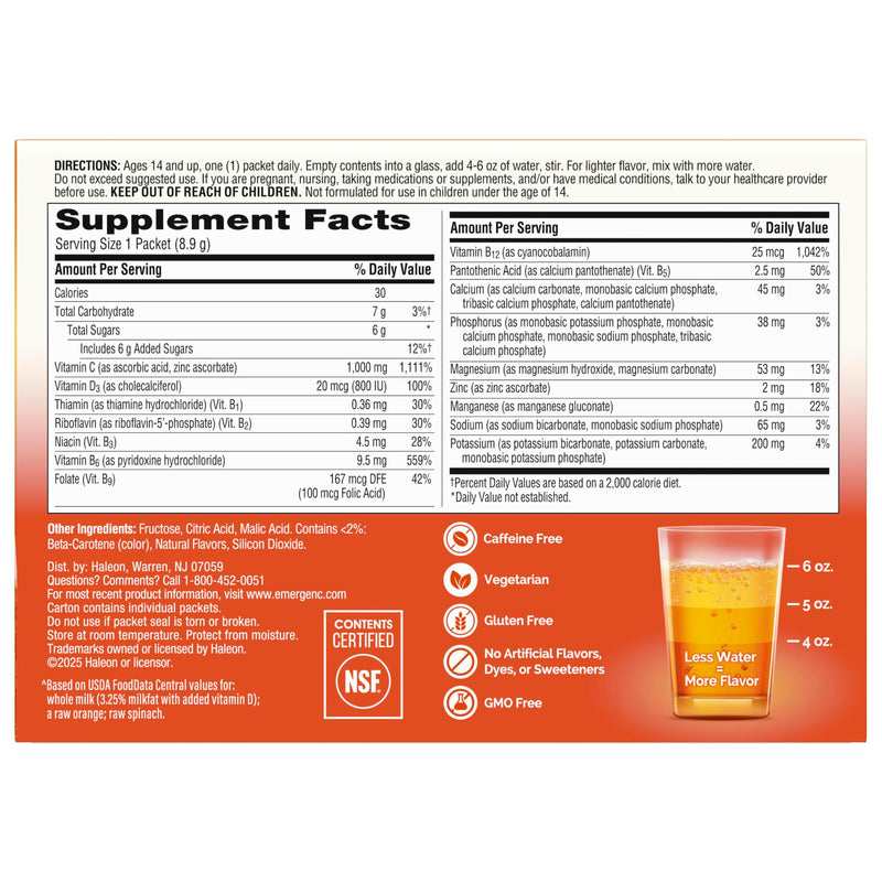 Emergen-C Vitamin C 1000mg Immune Support Powder, Orange, 30 ct | B Vitamins for Energy, Zinc and Manganese, Vitamin D, Electrolytes, Natural Flavor, Dissolves Quick Super Orange 9.6 Ounce (Pack of 1)