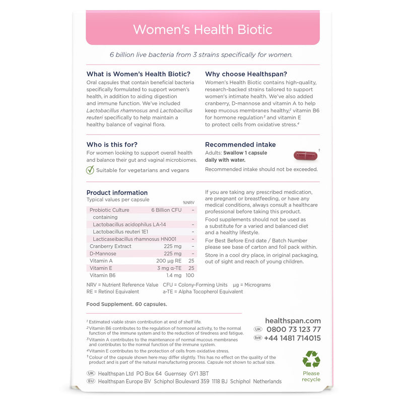 Healthspan Women's Health Biotic | 60 Capsules | Supports hormonal Balance & Intimate Flora | Targeted strains for Women’s Health | with D-Mannose & Cranberry | 6 Billion Live Cultures | Vegan