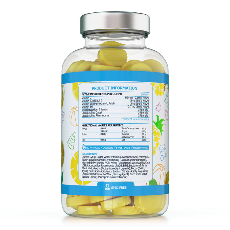 Kids Probiotics/ProBiocultures Gummies - 60 Children's probiotics Multi-Strain Gummies - Natural Pineapple Flavour – with Added B & C Vitamins for Immune Support - 2 Month Supply – UK Made 60 Gummies