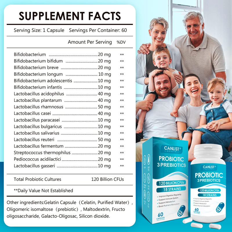 [Australia] - Probiotics 120 Billion CFUs 18 Strains, 3 Prebiotics & Digestive Enzymes for Men Women,Digestive & Immune Support,Shelf Stable Non-GMO 60 Capsules 