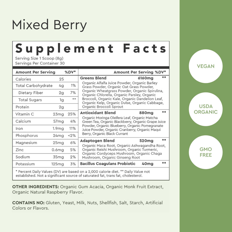 [Australia] - Alaya Organic Super Greens Powder - Premium Green Juice Superfood Supplement Powder - Adaptogens, Antioxidants & Probiotics Blend - USDA Organic, Non-GMO, Vegan - 30 Servings (Mixed Berry) 