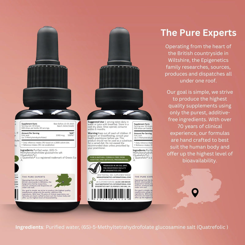 5-MTHF 30ml | High Strength Folic Acid as 5-Methyltetrahydrofolate Vitamin B9 Liquid Drops 1000mcg | Folate Made in UK & Vegan Friendly | 2 Months Supply (30ml)