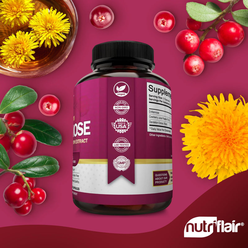 [Australia] - NutriFlair D-Mannose 1500mg, 120 Capsules - with Cranberry and Dandelion Extract - Natural Urinary Tract Health UTI Support - Best D Mannose Powder - Flush Impurities, Detox Body, for Women and Men 