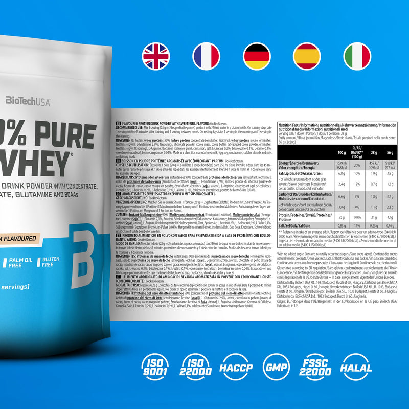 BioTechUSA 100% Pure Whey | Protein Powder with BCAA and Glutamine | Gluten-Free, Palm Oil Free | 21g Protein per Serving, 454 g, Cookies & Cream 454 g (Pack of 1)