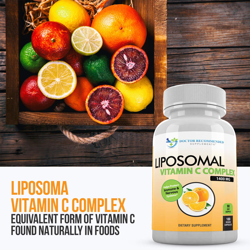 Liposomal Vitamin C 1400mg Per Serving - 180 Veggie Capsules High Absorption Ascorbic Acid, Lypo-Spheric Vitamin C Complex Immune Support Supplement with Powerful Antioxidants and Collagen Booster 180 Count (Pack of 1)