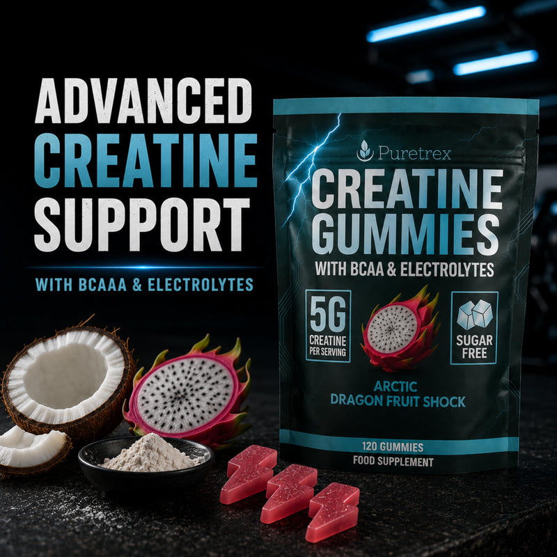 Puretrex Creatine Monohydrate Gummies 5000mg, UK Made Creatine Gummies with BCAA & Electrolytes, Muscle Strength Recovery & Hydration Support, Sugar Free Formula, Arctic Dragon Fruit, 120 Count