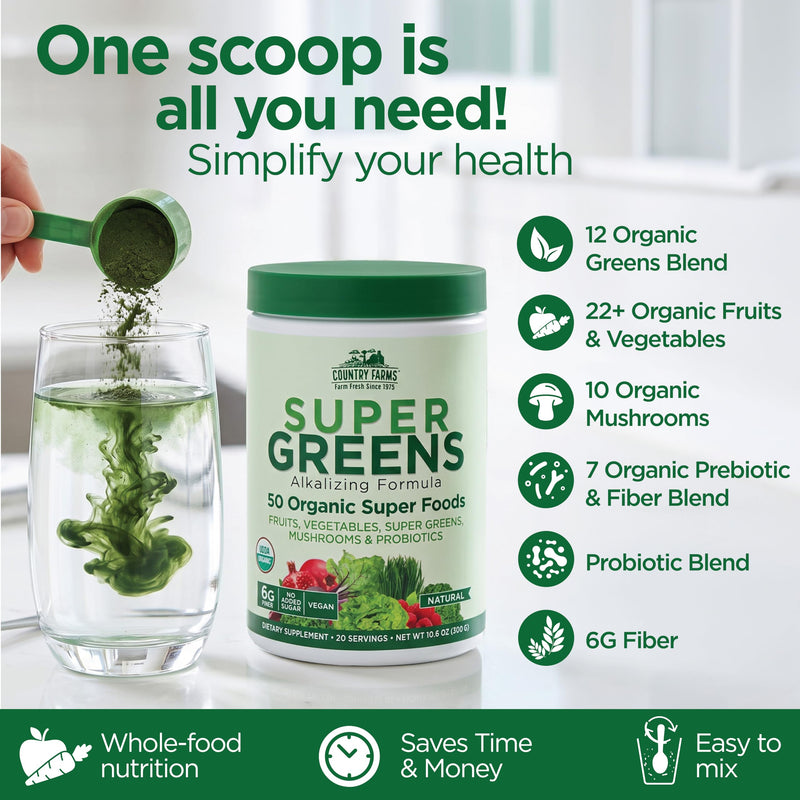 Country Farms Organic Super Greens Powder, 50 Organic Superfoods, Daily Greens Drink Mix with Fruits, Vegetables, Fiber, Probiotics & Mushrooms, Supports Energy, Gut Health & Digestion, Natural Flavor 1 Count (Pack of 1)