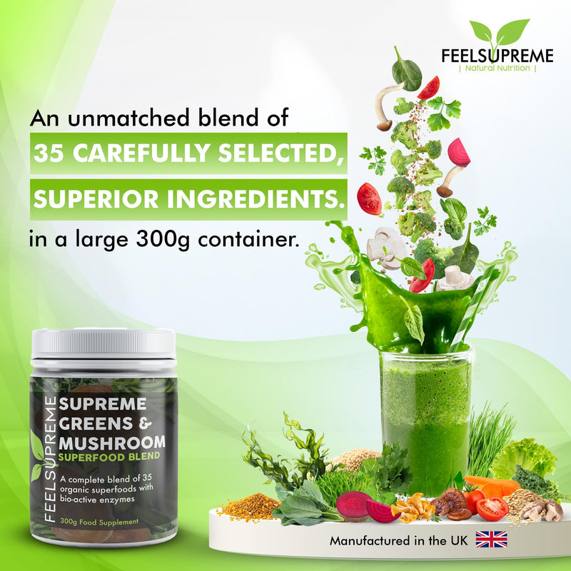Super Greens Powder with Mushroom - 35 Nutrient Dense Organic Superfoods, no Added Sugar - High in Fibre, Protein, Vitamin C, Spirulina - Greens Supplement, Mushroom Powder - 300g