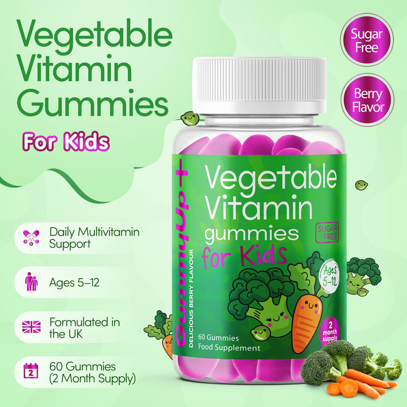 Kids 11-in-1 Vegetable Gummies | Daily Veg + Fibre | 2-Month Supply | Ages 5–12 | Sugar-Free Vegan | with Vitamins & Minerals | GummyUp+