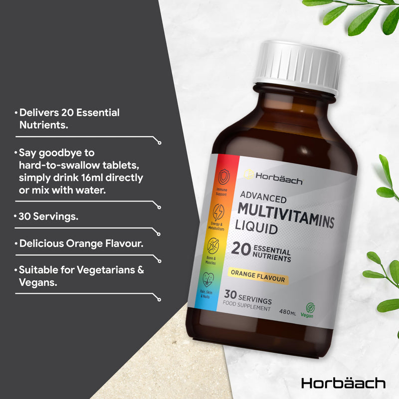 Multivitamin Liquid for Adults | 480mL (30 Servings) | Orange Flavour | 20 Essential Nutrients for Overall Wellness | Vegan Food Supplement | By Horbaach