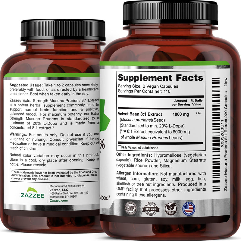 [Australia] - Zazzee Extra Strength Mucuna Pruriens 8:1 Extract, Minimum 20% L-Dopa, 1000 mg, 220 Vegan Capsules, 110 Day Supply, Concentrated and Standardized 8X Extract, 100% Vegetarian, All-Natural and Non-GMO 