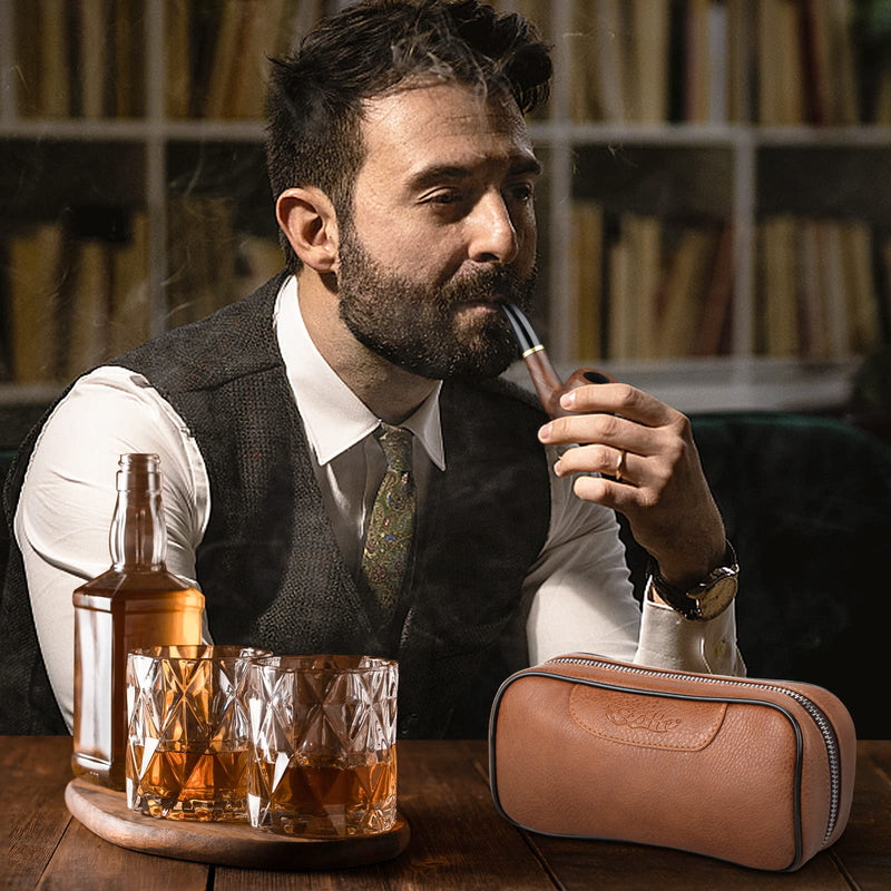 [Australia] - Scotte PU Leather Tobacco Smoking Wood Pipe Pouch case/Bag for 2 Tobacco Pipe and Other Accessories(Does not Include Pipes and Accessories) Brown 