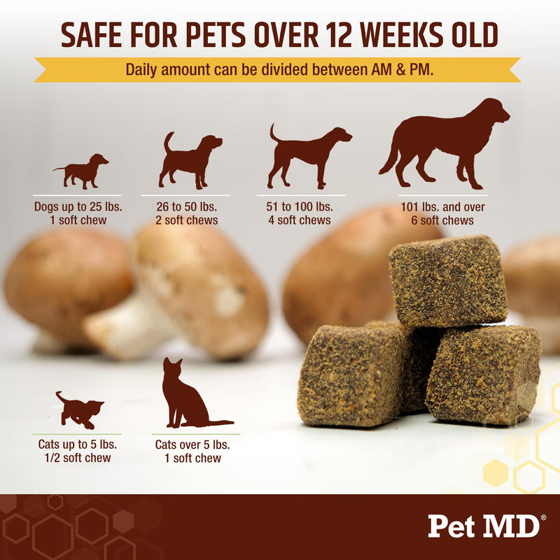Pet MD Mushroom Immune Support - Turkey Tail Mushroom for Dogs - Mushroom Cat Immune Support Supplement - Milk Thistle for Dogs & Cats with CoQ10 for Dogs - Immunity Supplement for Dogs - 120 Chews - PawsPlanet Australia