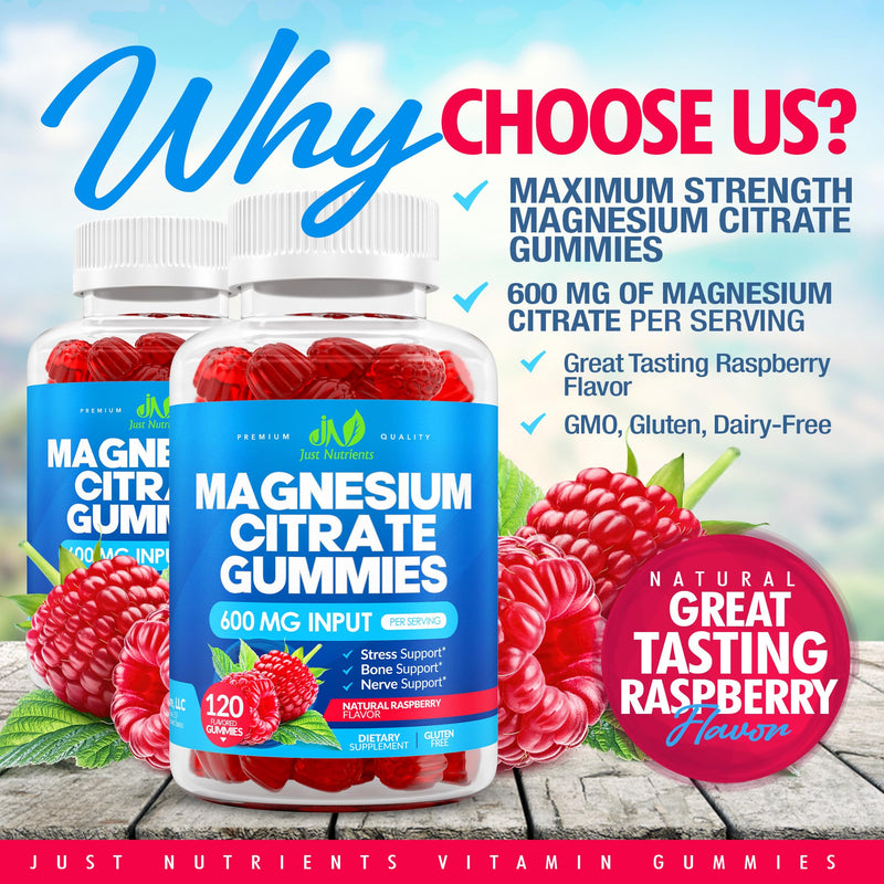 Magnesium Citrate 600mg Gummies (120 Count) - Maximum Strength, Supports Calm, Bone, Heart & Nerve Health - Gluten-Free, Non-GMO, Vegetarian, Great Tasting Raspberry Flavor - 60 Servings