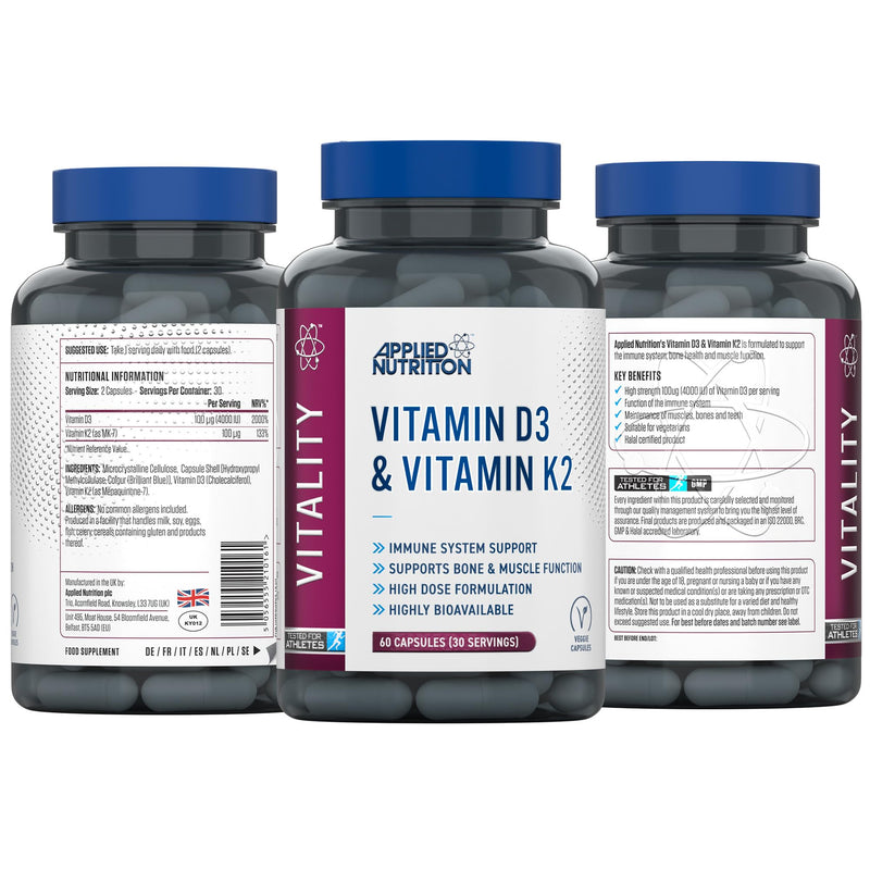 Applied Nutrition – Vitamin D3 & K2 – High Dose Formula – Best Immune Support – Best Bone & Muscle Function – Calcium Optimization & Highly Bioavailable (60 Capsules – 30 Servings)