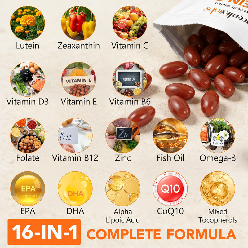 Lutein and Zeaxanthin Eye Health Supplement 40mg with Omega 3, Vitamin C D3 B6 B12, Zinc CoQ10，16 in 1 Vision Support Formula with Marigold Extract，Eye Comfort Daily Nutritional Support – 120 Softgels