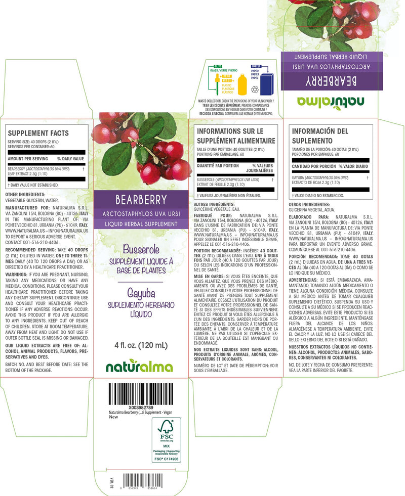 [Australia] - Naturalma Bearberry (Arctostaphylos uva Ursi) Leaf Alcohol-Free Tincture - 4 fl oz Liquid Extract in Drops - Herbal Supplement - Vegan 4 Fl Oz (Pack of 1) 