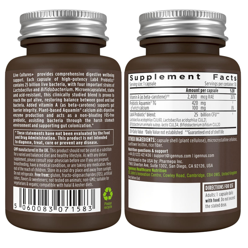 Daily Vitamin D3 + Live Cultures+ Lab4 Probiotics Bundle, 365 2000iu Vitamin D3 Tablets + 25 Billion CFU Lactobacillus Acidophilus & Bifidobacterium with Non-Bloating Prebiotic, by Igennus