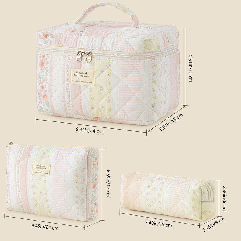 HBselect Quilted Makeup Bag, 3Pcs Cotton Large Travel Makeup Bags Organizer | Cute Floral Make up Bag Cosmetic Bag Toiletry Bag for Women Girls, Makeup Pouch for Skincare, Brushes & Travel Essentials A-3PCS-Floral 46