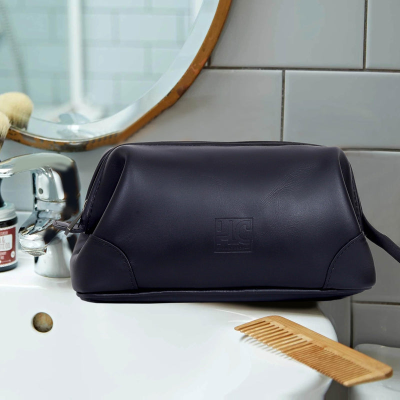 HLC Leather Toiletry Bag for Men Best Gift Premium Genuine Dopp Kit Shaving Kit Organizer Travel Kit Pouch Bag 10 inch Size (Black) Black