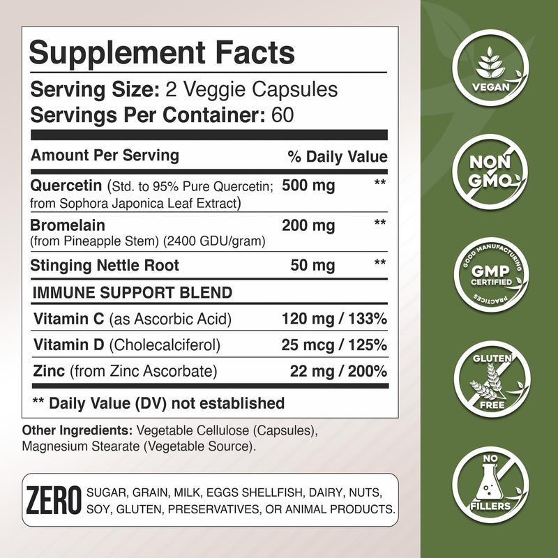 [Australia] - Quercetin with Vitamin C and Zinc - Nettle Quercetin - Quercetin 500mg - Quercetin with Bromelain - Zinc Quercetin + Vitamin D3 - 120 Veggie Caps - (Non-GMO, Gluten-Free, Vegan) - 2 Month Supply 120 Count (Pack of 1) 