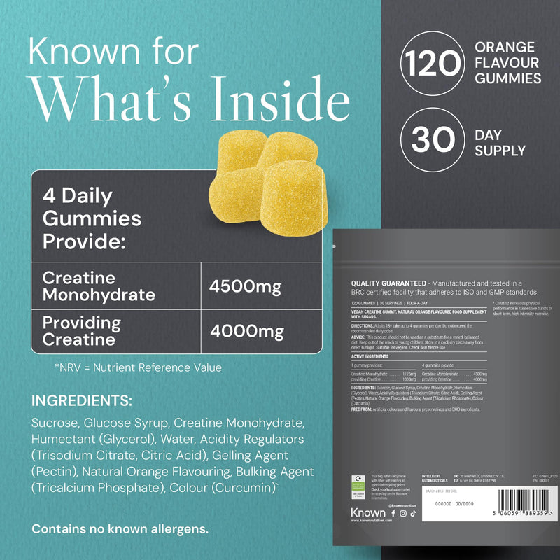 Known Vegan Creatine Gummies Value Pouch – 4500mg Creatine Monohydrate – Orange Flavour – 120 Gummies 30 Days Supply – Third-Party Tested 30 Day Supply
