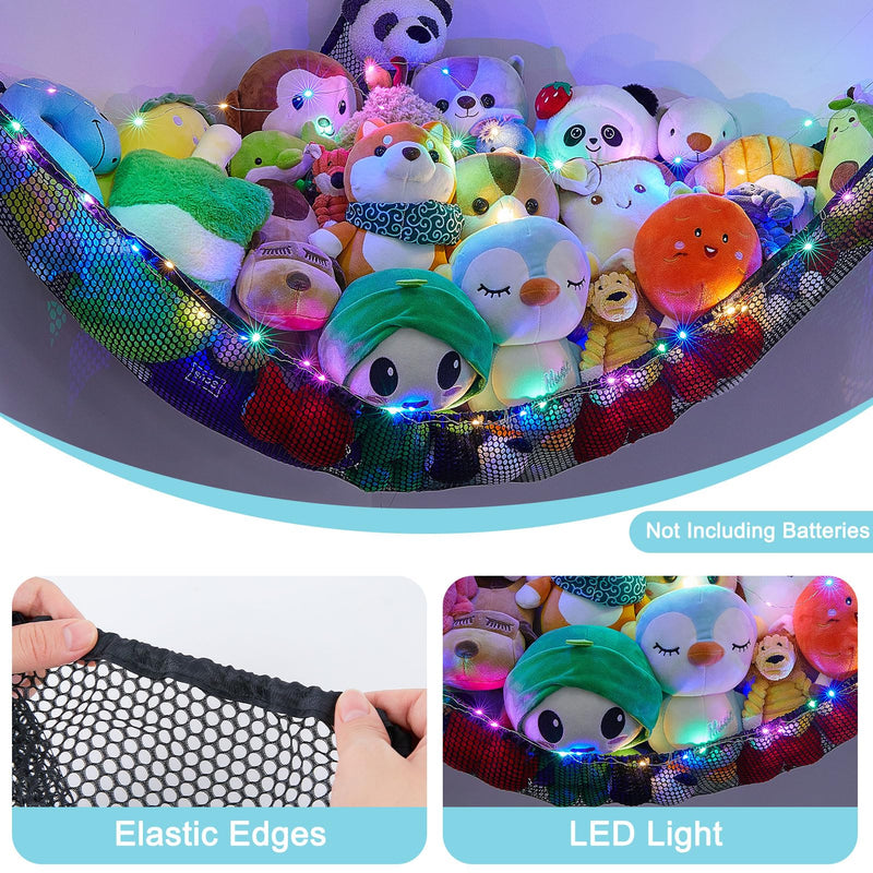 [Australia] - Stuffed Animals Net or Hammock Kids Toy Storage Organizer with LED Light Unicorn Castle Hanging Corner Stuffed Animals Holder Kids Girls Room Decor (Pack of 1) Black 51'' x 51" x 71" (Pack of 1) 