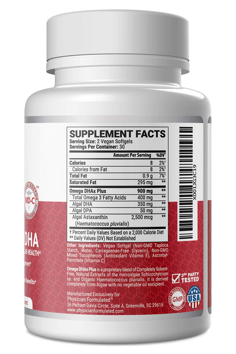 [Australia] - Vegan DHA for Brain and Prenatal 100% Algae Based Omega 3 Essential Fatty Acids with NO Carrageenan, NO Vegetable Oil PLUS 2500mcg Astaxanthin 