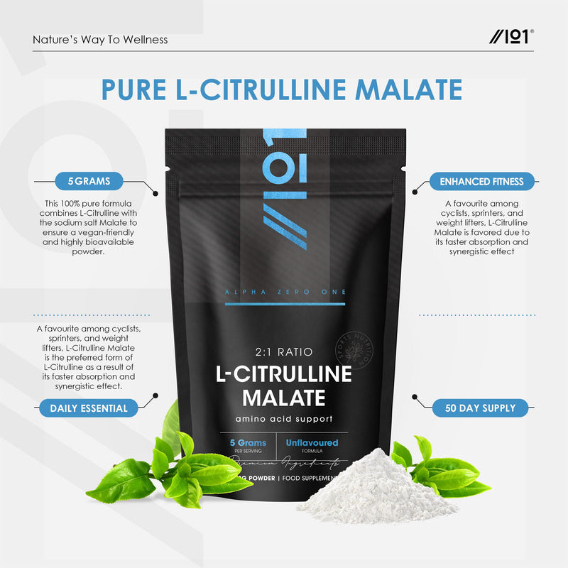 L-Citrulline Malate Powder 250g – 2:1 Ratio Fermented Amino Acid – Unflavoured – 100% Pure – Resealable and Recyclable Pouch by Alpha01