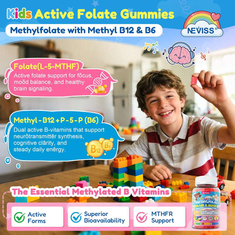 Kids L-Methylfolate Gummies, Focus Gummies For Kids + Magnesium, Saffron | Active 5-MTHF Kids Methylated Multivitamin + Lion's Mane, Choline, Methyl B12 & B6 for Brain, Mood, Bēhavior, No Sugar, 2Pack