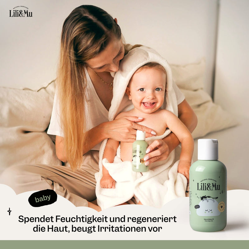 [Australia] - Lili&Mu natural care oil, nourishing baby oil 150 ml - baby care massage oil with jojoba oil marigold extract vitamin E, oil for delicate baby skin, vegan body oil ideal for baby massage - body oil 