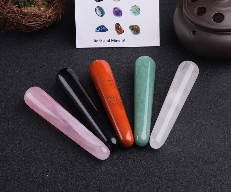 [Australia] - JIC Gem 5 Pcs Mix Natural Crystal Gua Sha Scraping Massage Tool Massage Wand for Face Acupuncture Therapy Stick Point Treatment Reiki Healing 