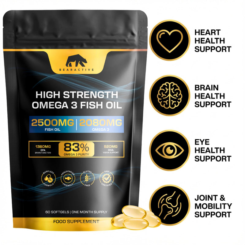 Omega 3 Capsules High Strength Fish Oil 2500mg – 2080mg – 83% Omega-3 (1380 EPA & 520 DHA) – Burpless Pescatarian Softgels for Heart, Brain, Eyes & Joints – 60 Softgels
