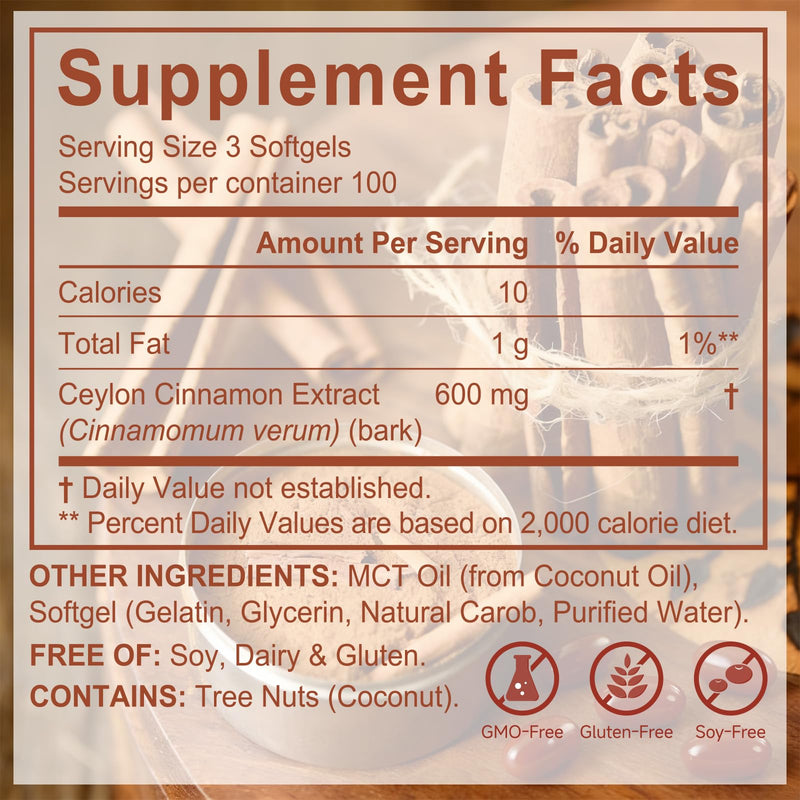 Ceylon Cinnamon Softgels with MCT Oil, Daily Wellness Supplement, Non-GMO & Gluten Free, 300 Softgels