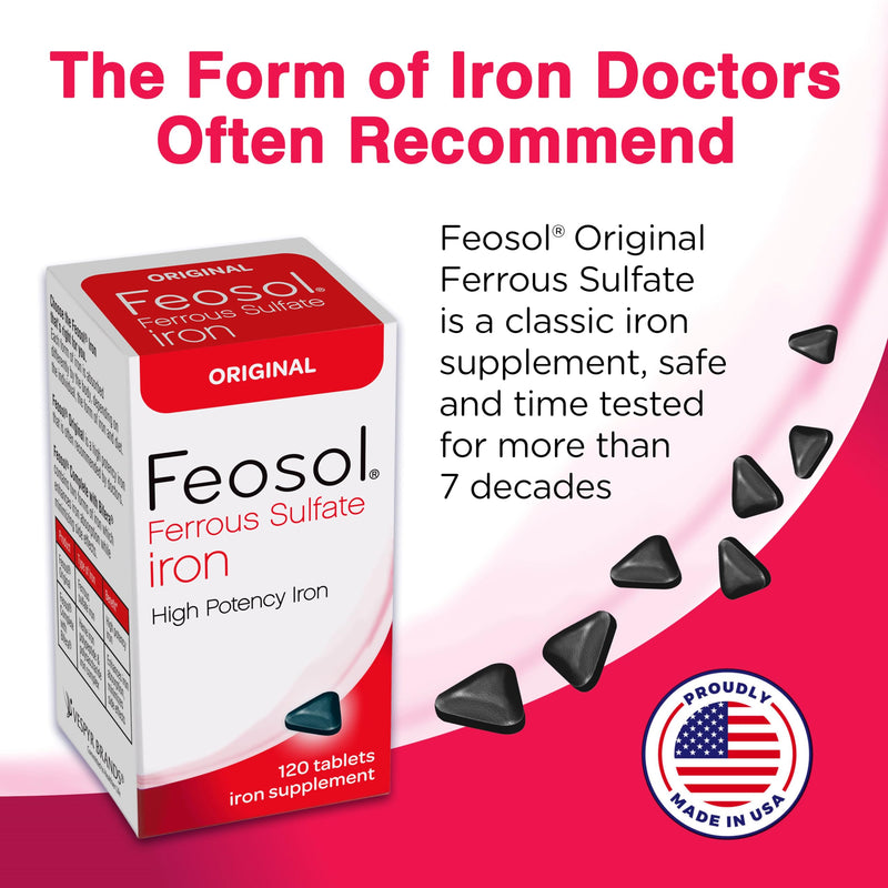 [Australia] - Feosol Original Iron Supplement Tablets, Non-heme, 325mg Ferrous Sulfate (65mg Elemental Iron) per Iron Pill, 1 Per Day, 120ct, 4 Month Supply, for Energy and Immune System Support, Made in USA 