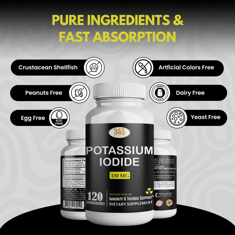 [Australia] - Potassium Iodide Tablets 130 mg - KI Tablets- Potassium Iodine Tablets 130 mg - USA MADE Potassium Iodine Pills YODO Naciente, Yoduro de potasio - 120 Tablets 