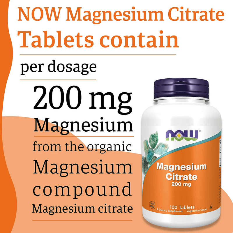 Now Foods, Magnesium Citrate, 200mg Magnesium, 100 Vegan Tablets, Lab-Tested, Vegetarian, Gluten Free, Soy Free, Non-GMO 100 count (Pack of 1)