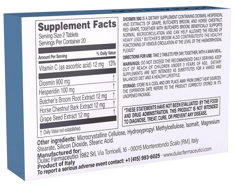 [Australia] - Dul√†c - Diosmin 500 with Horse Chestnut, Butcher‚Äôs Broom, Red Grape & Hesperidin - Dietary Supplement - 40 Tablets - Made in Italy 