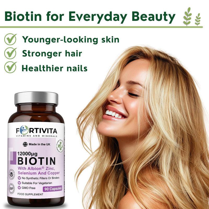 Biotin 12000 µg with Albion® Zinc, Selenium & Copper – High Strength Supplement for Hair, Skin & Nails – 90 Vegetarian Capsules – Made in the UK – GMO Free, No Synthetic Fillers