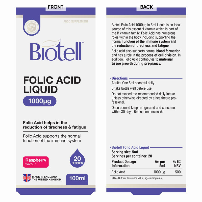 High Strength Folic Acid Liquid 1000µg per 5ml, Pregnancy Vitamins for Women, High Dose Prenatal Folate Supplement, Reduces Tiredness, Supports Blood Formation, Vegan Vitamin B9, UK Made 100ml