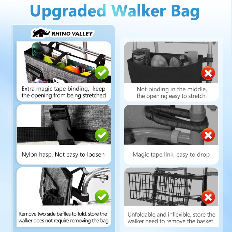 [Australia] - Rhino Valley Walker Bag, Multi Pockets Folding Walker Basket Tote Bag with Cup Holder, Hand-free Carry Pouch Storage Bag for Universal Walkers, Large Capacity Organizer for Seniors Elderly, Gray A Gray Big 