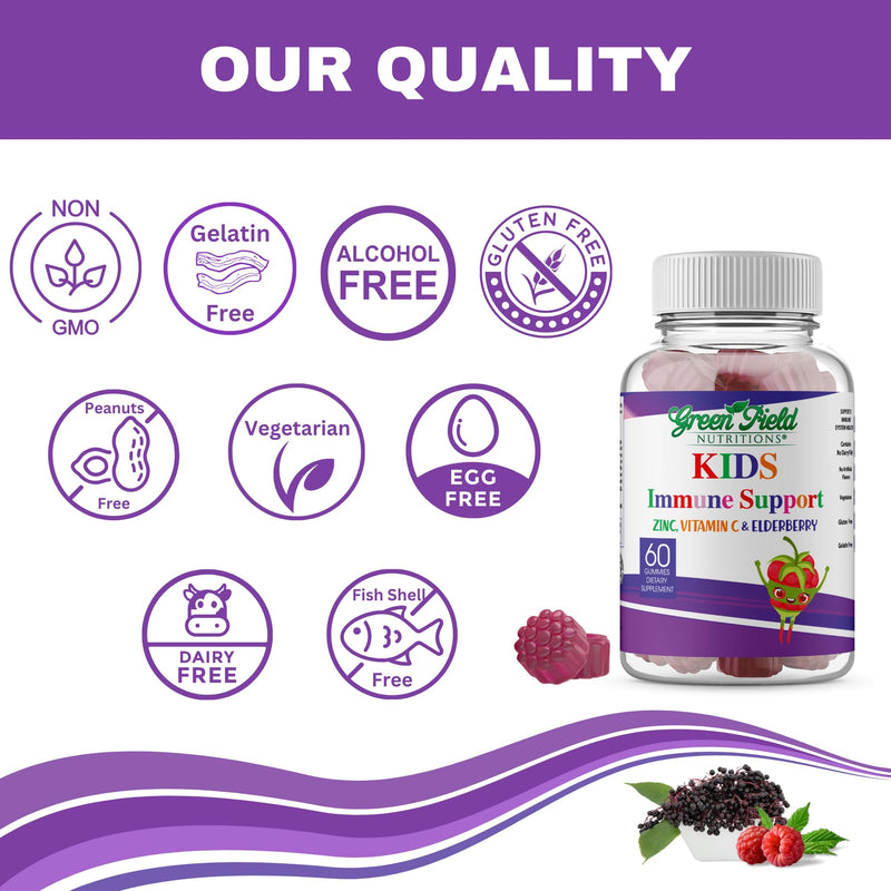 Greenfield Nutritions Halal Immune Support Elderberry Gummies for Kids - Supports Your Immune System Naturally with Halal Zinc and Vitamin C Gummy Halal Vitamins - 60 Delicious Kids Gummy Vitamins