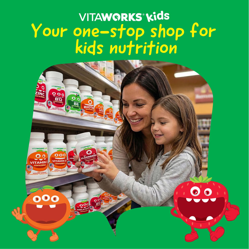 VitaWorks Kids Immune Support Chewable Tablets with Elderberry Vitamin C and Zinc, Mixed Berry Flavored, Vegan Supplements, Gluten Free, Non-GMO, 120 Chewable