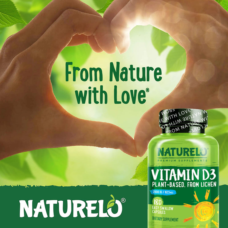 NATURELO Vitamin D - Plant Based from Lichen - 180 Mini Capsules, Vegan B12, 1000 mcg Methylcobalamin - 90 Capsules