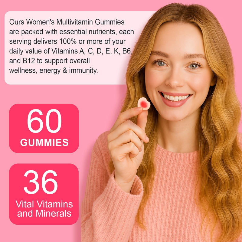 Multivitamin Gummies Women 60 Gummies - Essential Vitamins & Minerals, Sugar-Free Formula, Vegan Friendly, Strawberry