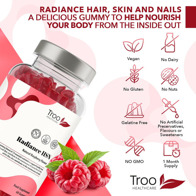 Troo Health Care Radiance HSN 60 Raspberry Flavour Gummies - Advanced Hair Skin & Nails Supplement for Men & Women - 13 Essential Nutrients Inlcuding Biotin 60 count (Pack of 1)