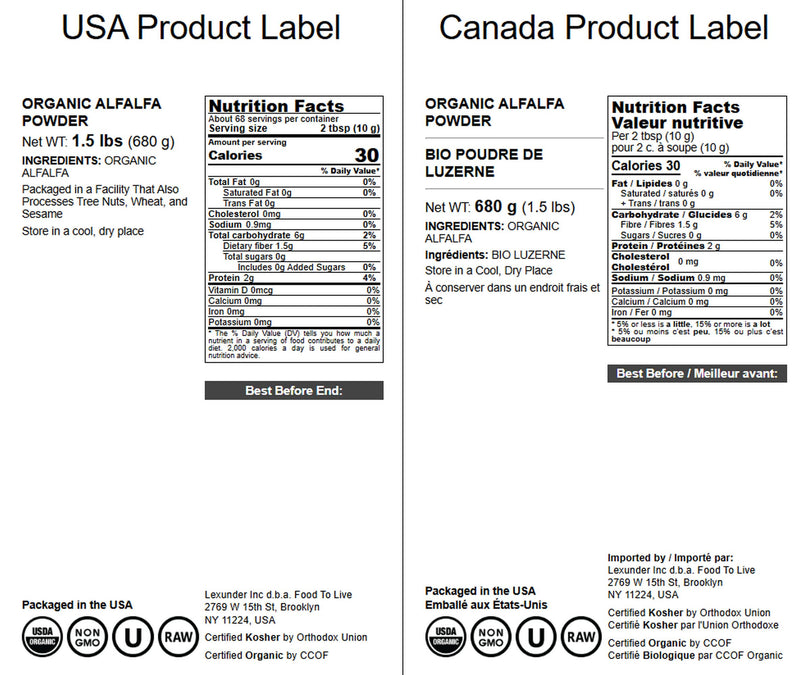 [Australia] - Food to Live Organic Alfalfa Powder, 1.5 Pounds - Non-GMO, Raw Dried Whole Young Leaves, Vegan, Great for Baking, Juices, Smoothies, Shakes, Tea, and Drinks. Good Source of Dietary Fiber and Protein 24 Ounce (Pack of 1) 